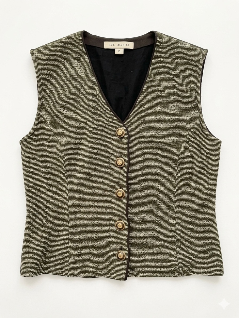 St. John Black, Green and Gold Metallic Knit Button Vest
